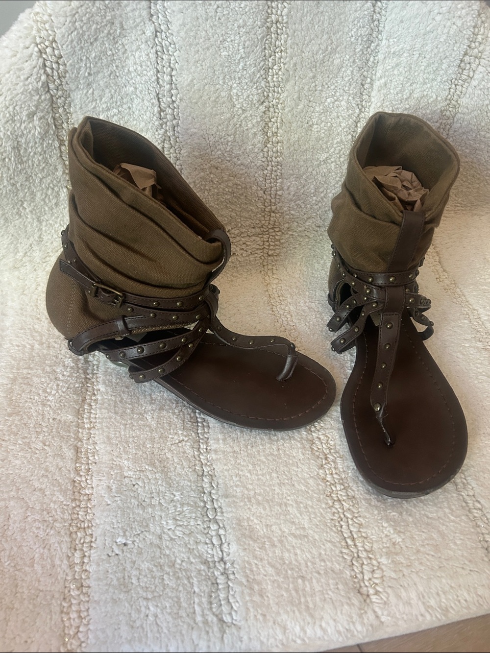 Vera Wang Brown Canvas Wrap Gladiator Sandals with Studded Straps